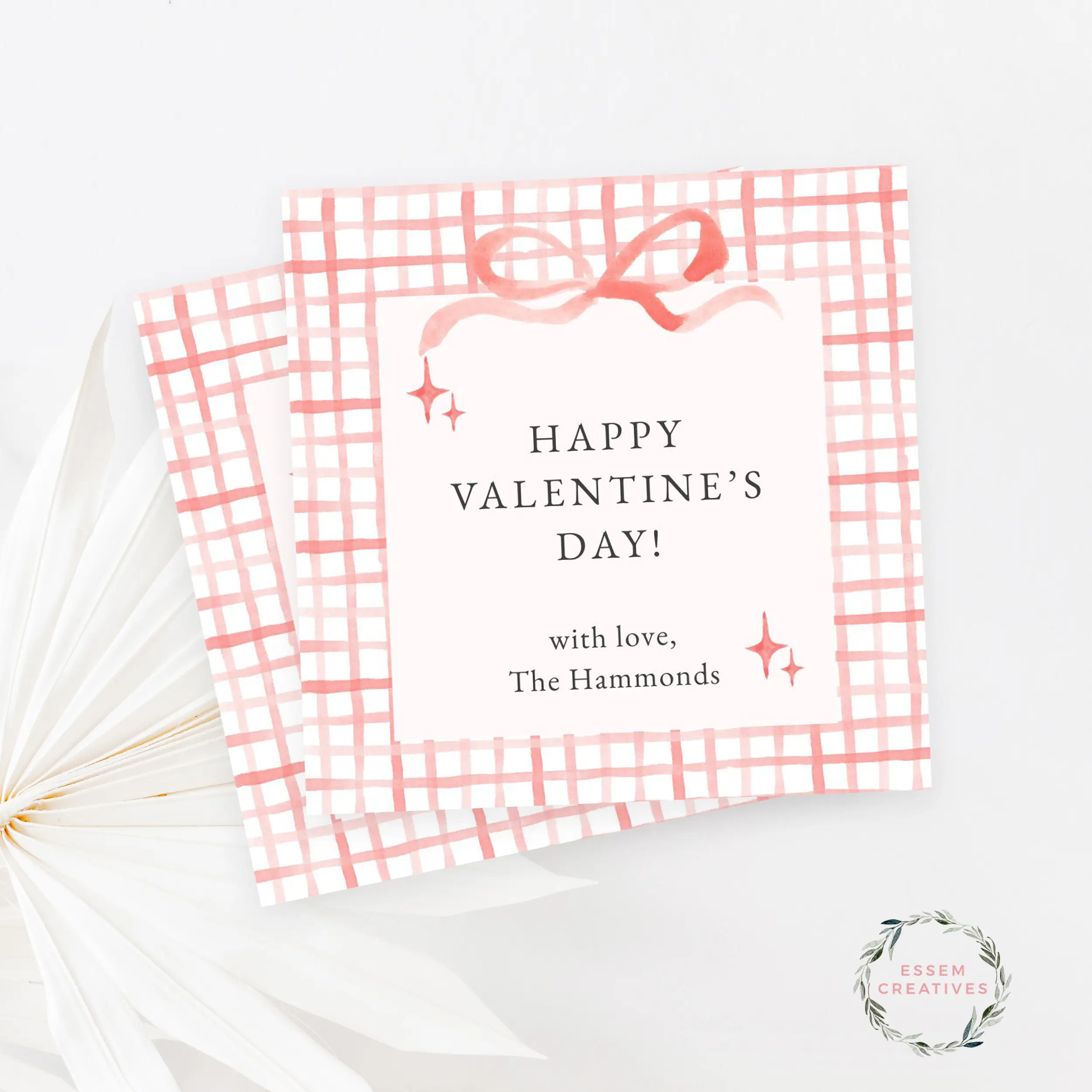 Printable Bow and Gingham Gift Tag, Preppy Valentine Gift Label, Pink Watercolor Party Favor Tag, Preschool Valentines | Edit with CANVA