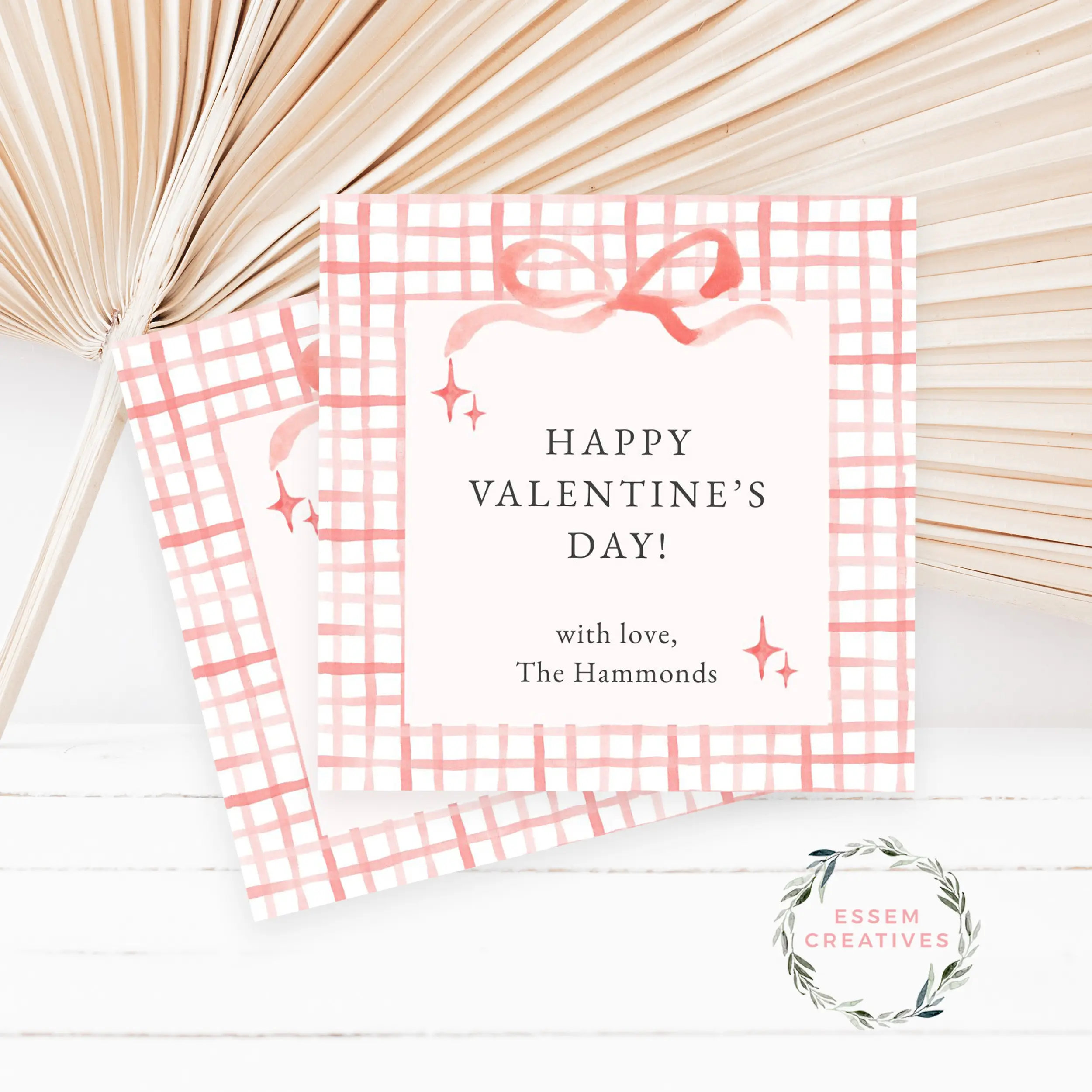 Printable Bow and Gingham Gift Tag, Preppy Valentine Gift Label, Pink Watercolor Party Favor Tag, Preschool Valentines | Edit with CANVA