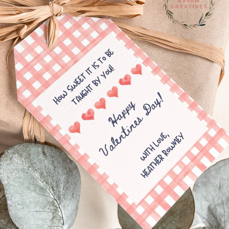 Teacher Valentine Gift Tag Template, Modern Preppy Simple Editable Gift Label for School Teacher with checks and hearts | edit with CANVA 520-7
