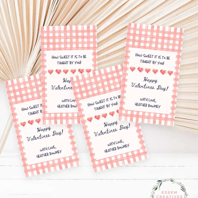 Teacher Valentine Gift Tag Template, Modern Preppy Simple Editable Gift Label for School Teacher with checks and hearts | edit with CANVA 520-7