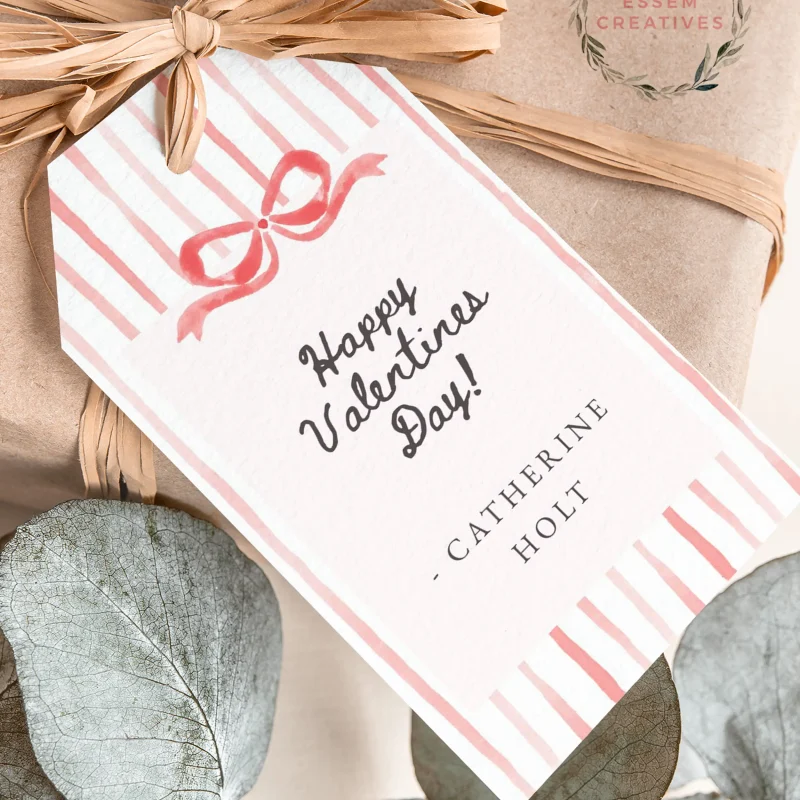 Preppy Stripes Bow Galentine Gift Tag Template, Editable Watercolor Hand written Gift Label for Teacher Gift or Friends | edit with CANVA