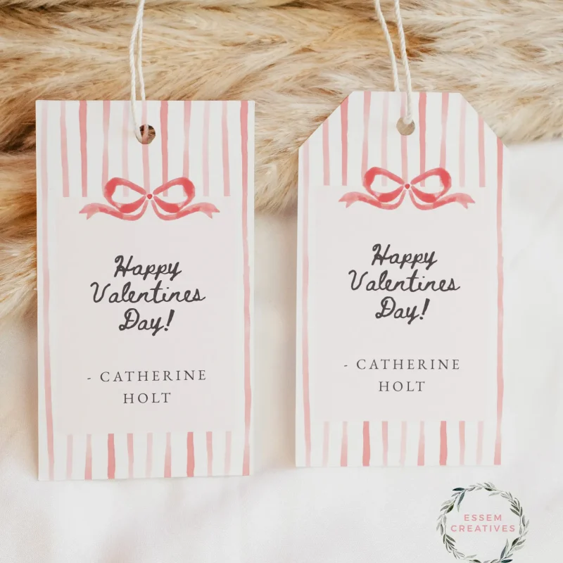 Preppy Stripes Bow Galentine Gift Tag Template, Editable Watercolor Hand written Gift Label for Teacher Gift or Friends | edit with CANVA