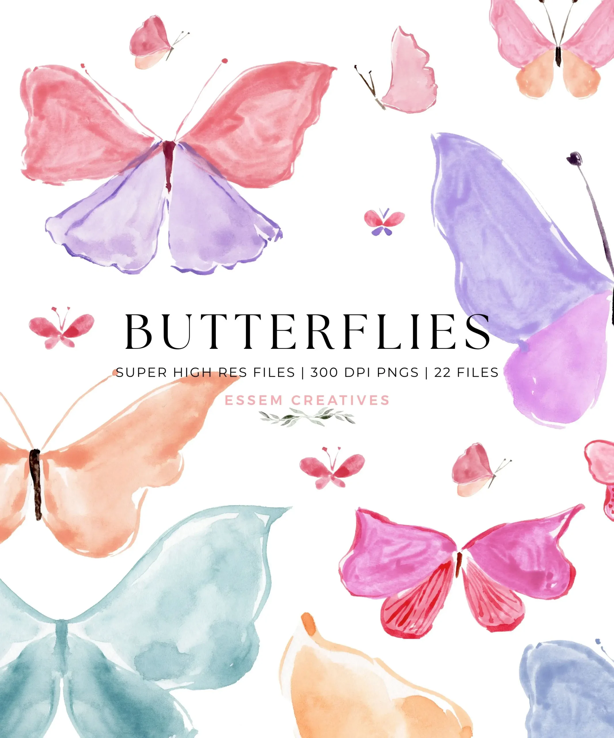 Hand Painted Butterflies in Watercolor and Gouache, Butterfly Print for Scrapbooking, Valentines Day, Baby Showers Birthday Decor, Girls Room Decor 521-1