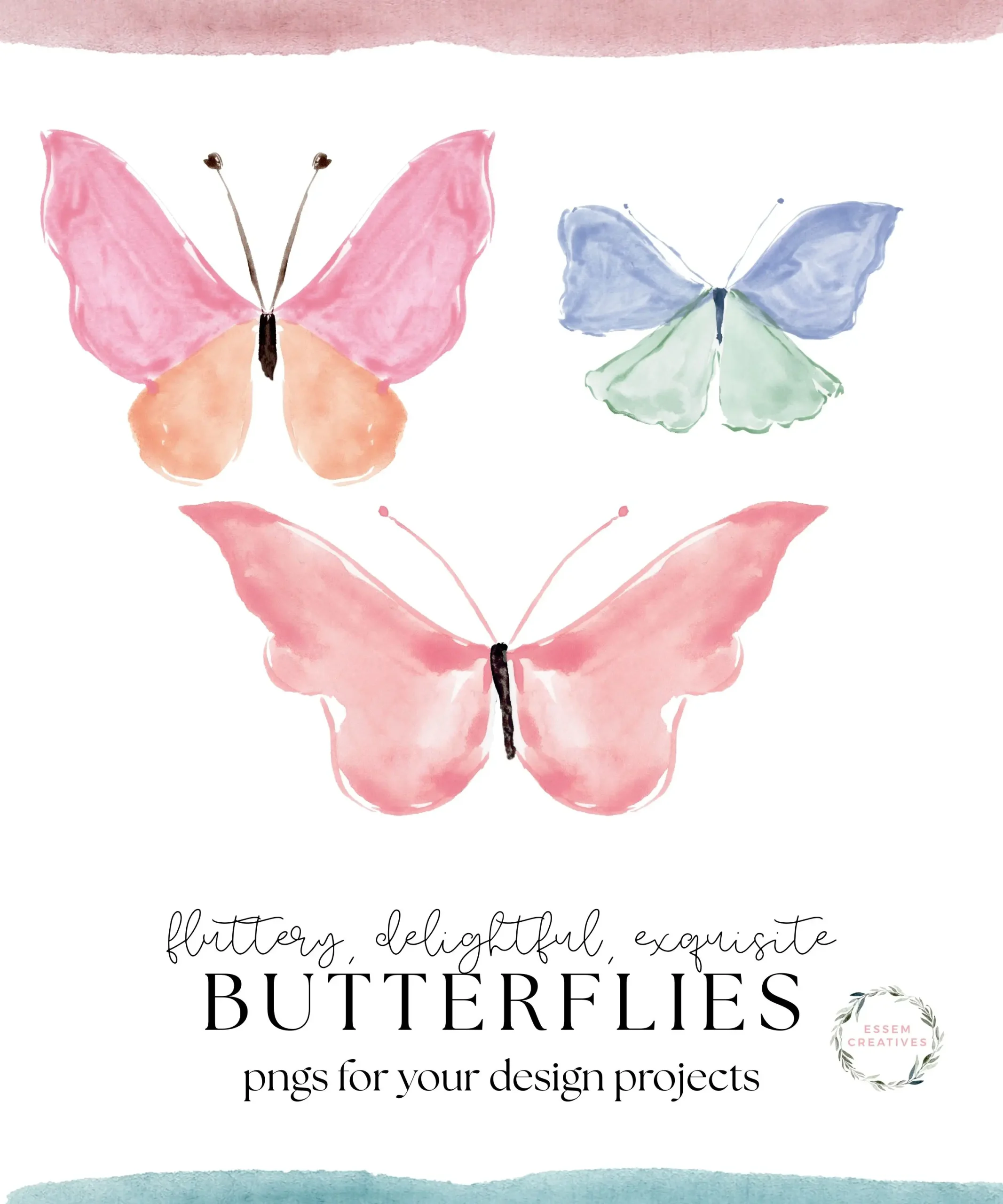 Hand Painted Butterflies in Watercolor and Gouache, Butterfly Print for Scrapbooking, Valentines Day, Baby Showers Birthday Decor, Girls Room Decor 521-2