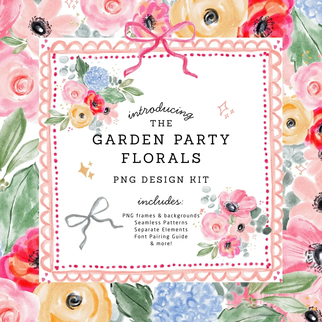Garden Party Florals PNG Design Kit | Grandmillenial Cottage Florals, Floral Chinoiserie Frames, Bow Trellis Pattern, Stripe Seamless Patterns, Sparkle Clipart