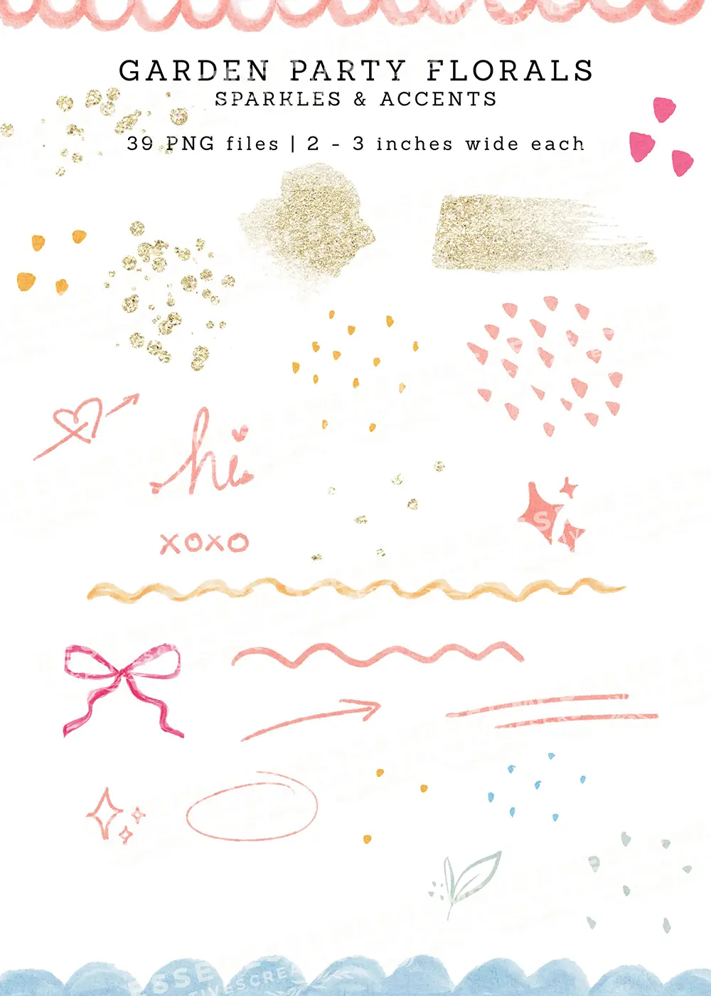 Garden Party Florals PNG Design Kit | Grandmillenial Cottage Florals, Floral Chinoiserie Frames, Bow Trellis Pattern, Stripe Seamless Patterns, Sparkle Clipart