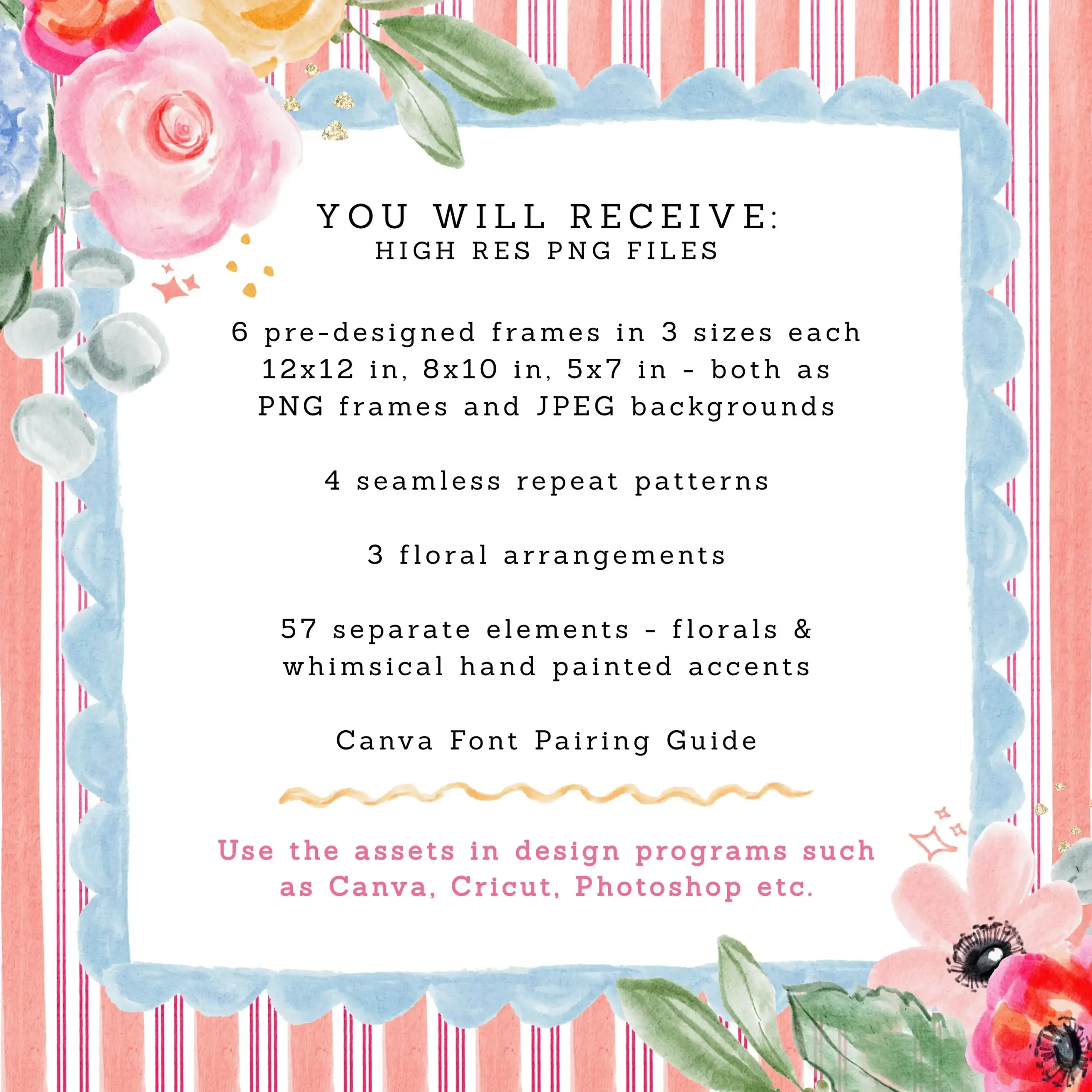 Garden Party Florals PNG Design Kit | Grandmillenial Cottage Florals, Floral Chinoiserie Frames, Bow Trellis Pattern, Stripe Seamless Patterns, Sparkle Clipart