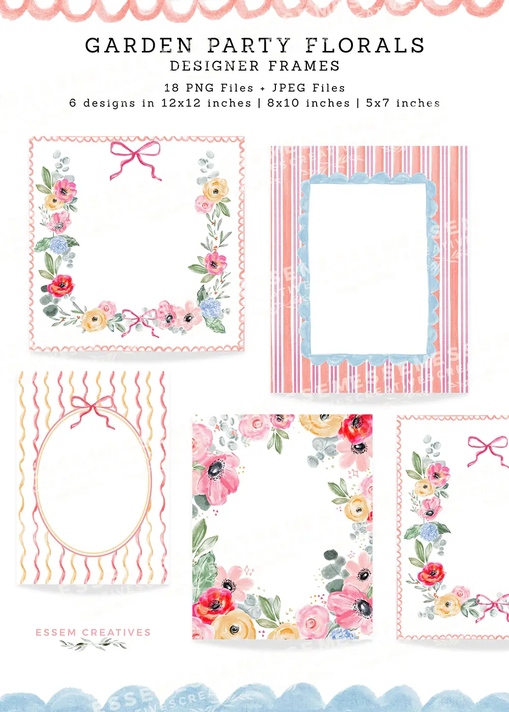 Garden Party Florals PNG Design Kit | Grandmillenial Cottage Florals, Floral Chinoiserie Frames, Bow Trellis Pattern, Stripe Seamless Patterns, Sparkle Clipart