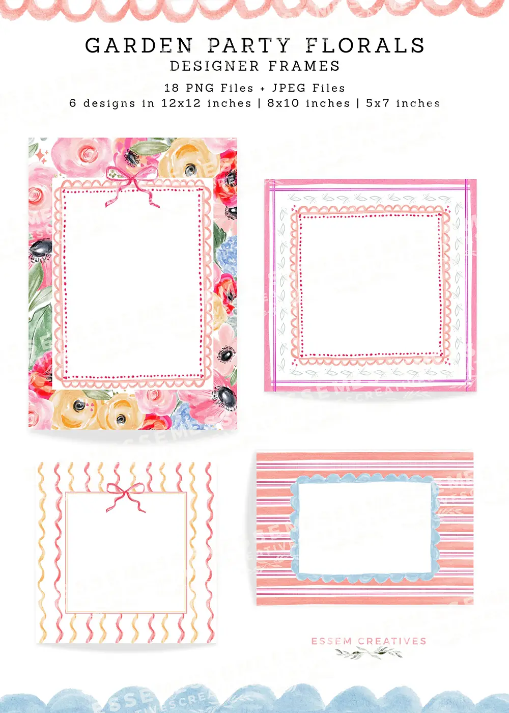 Garden Party Florals PNG Design Kit | Grandmillenial Cottage Florals, Floral Chinoiserie Frames, Bow Trellis Pattern, Stripe Seamless Patterns, Sparkle Clipart