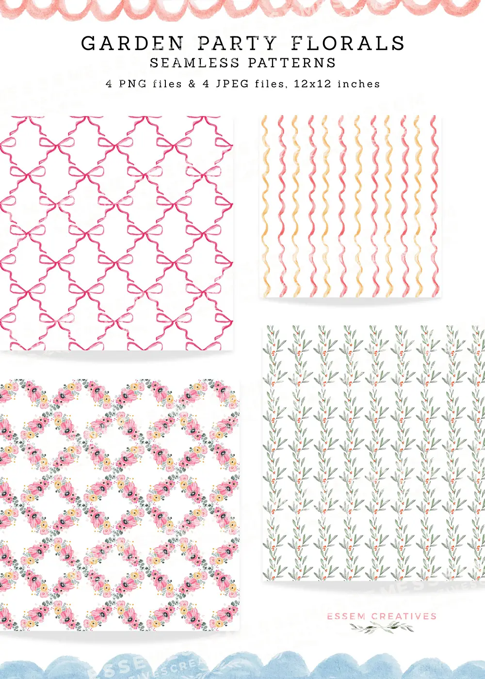 Garden Party Florals PNG Design Kit | Grandmillenial Cottage Florals, Floral Chinoiserie Frames, Bow Trellis Pattern, Stripe Seamless Patterns, Sparkle Clipart