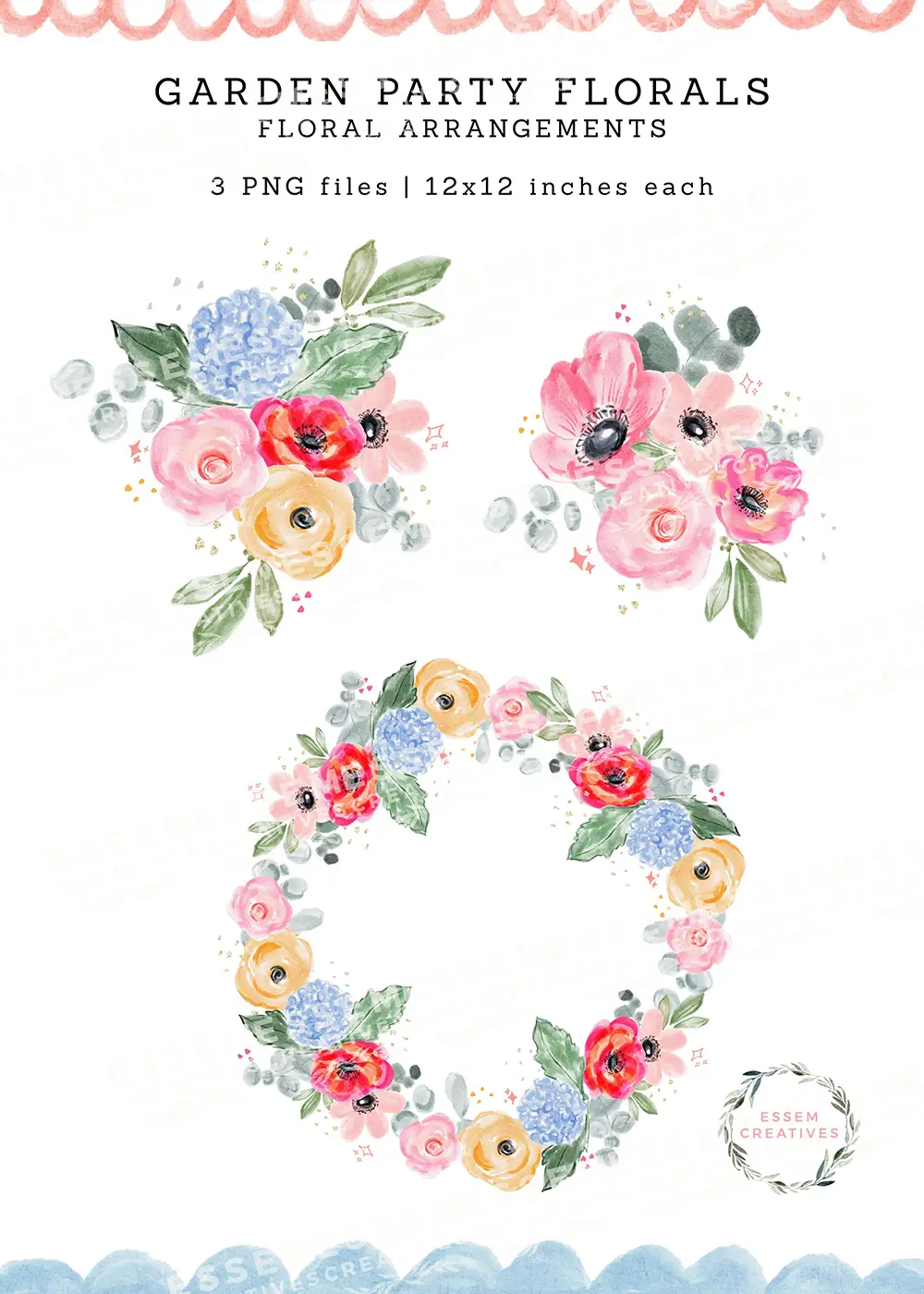 Garden Party Florals PNG Design Kit | Grandmillenial Cottage Florals, Floral Chinoiserie Frames, Bow Trellis Pattern, Stripe Seamless Patterns, Sparkle Clipart