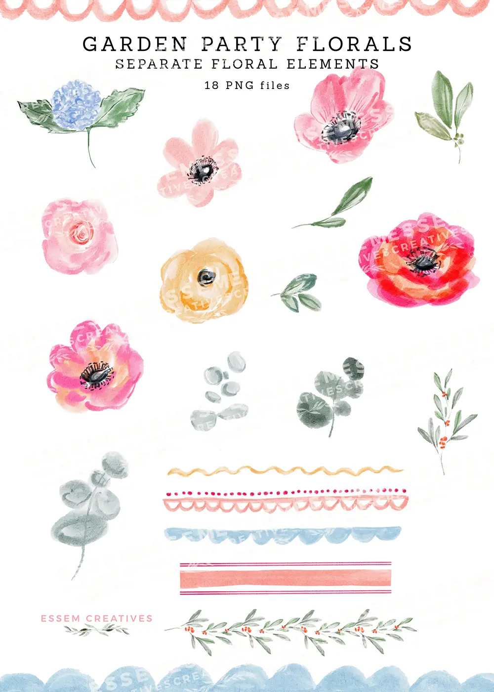 Garden Party Florals PNG Design Kit | Grandmillenial Cottage Florals, Floral Chinoiserie Frames, Bow Trellis Pattern, Stripe Seamless Patterns, Sparkle Clipart