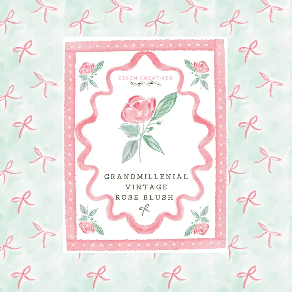 Preppy Grandmillenial Vintage Rose and Bows Floral Frames Seamless Pattern Border Design Kit, Preppy Mint Pink Watercolor Bows Sublimation PNG by Essem Creatives
