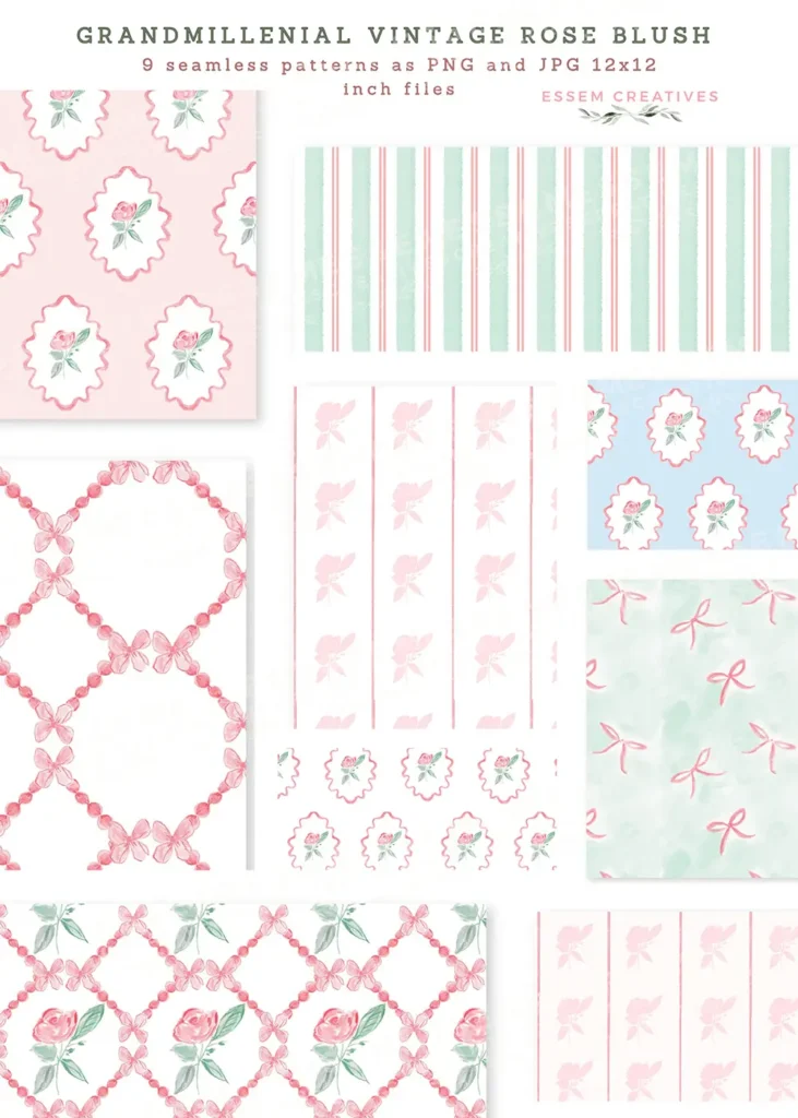 Preppy Grandmillenial Vintage Rose and Bows Floral Frames Seamless Pattern Border Design Kit, Preppy Mint Pink Watercolor Bows Sublimation PNG by Essem Creatives