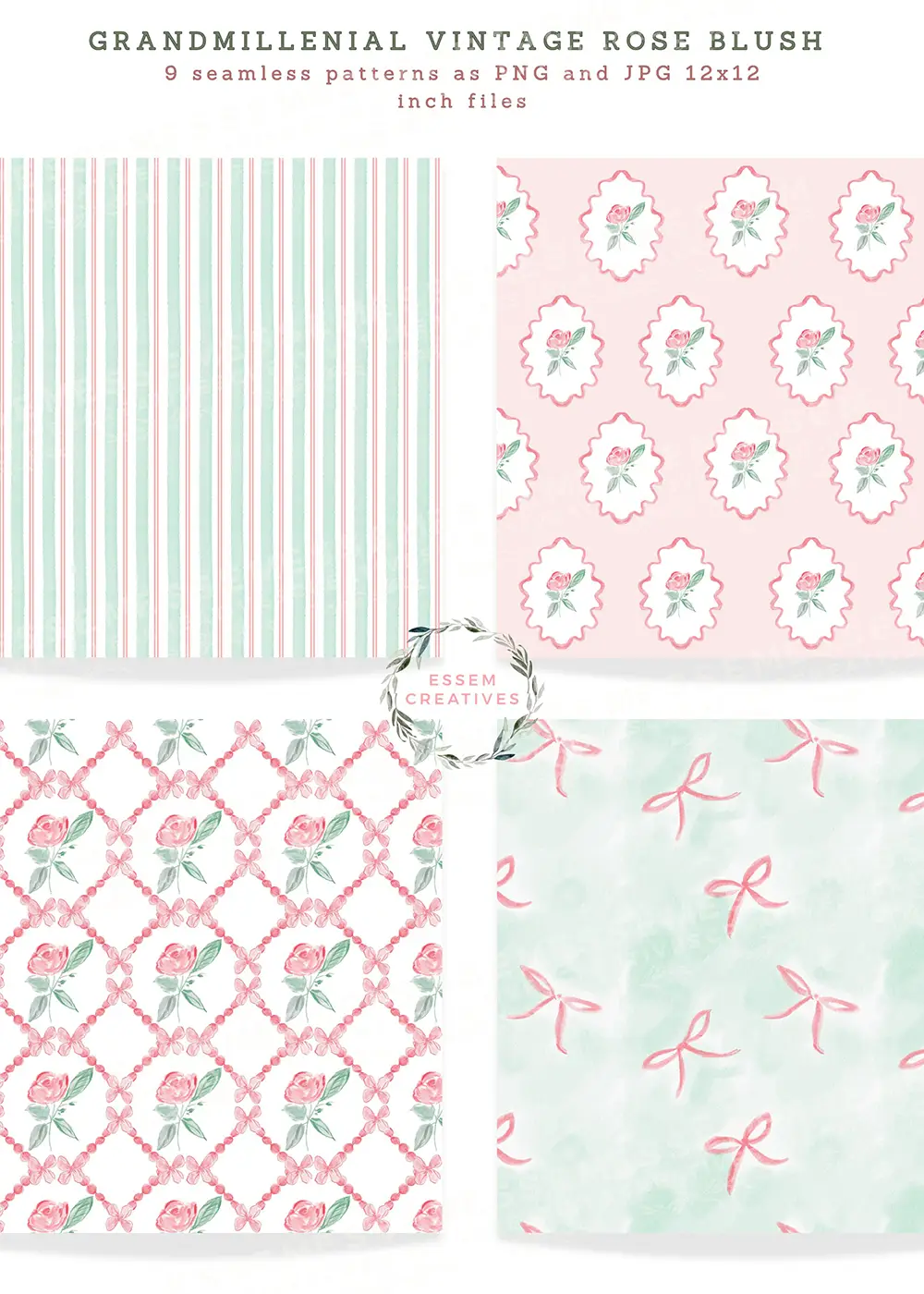 Preppy Grandmillenial Vintage Rose and Bows Floral Frames Seamless Pattern Border Design Kit, Preppy Mint Pink Watercolor Bows Sublimation PNG by Essem Creatives