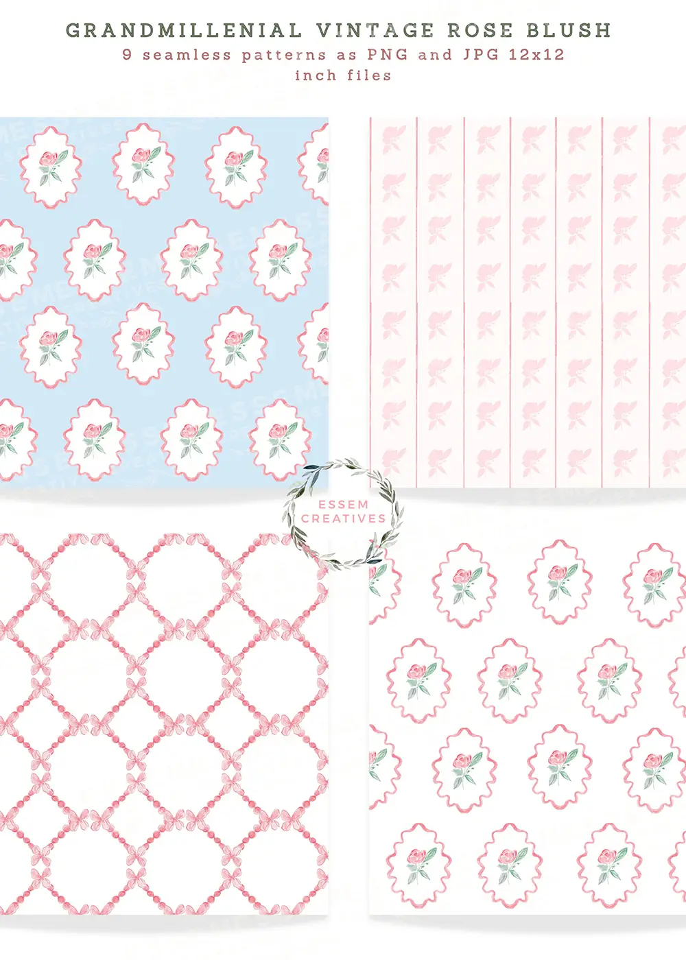 Preppy Grandmillenial Vintage Rose and Bows Floral Frames Seamless Pattern Border Design Kit, Preppy Mint Pink Watercolor Bows Sublimation PNG by Essem Creatives