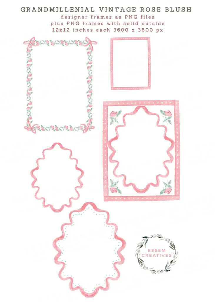 Preppy Grandmillenial Vintage Rose and Bows Floral Frames Seamless Pattern Border Design Kit, Preppy Mint Pink Watercolor Bows Sublimation PNG by Essem Creatives