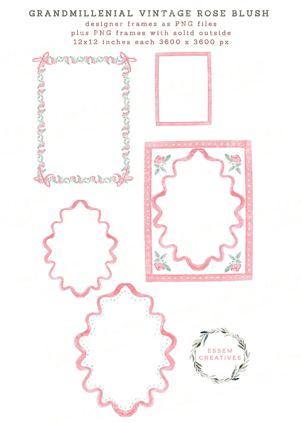 Preppy Grandmillenial Vintage Rose and Bows Floral Frames Seamless Pattern Border Design Kit, Preppy Mint Pink Watercolor Bows Sublimation PNG by Essem Creatives