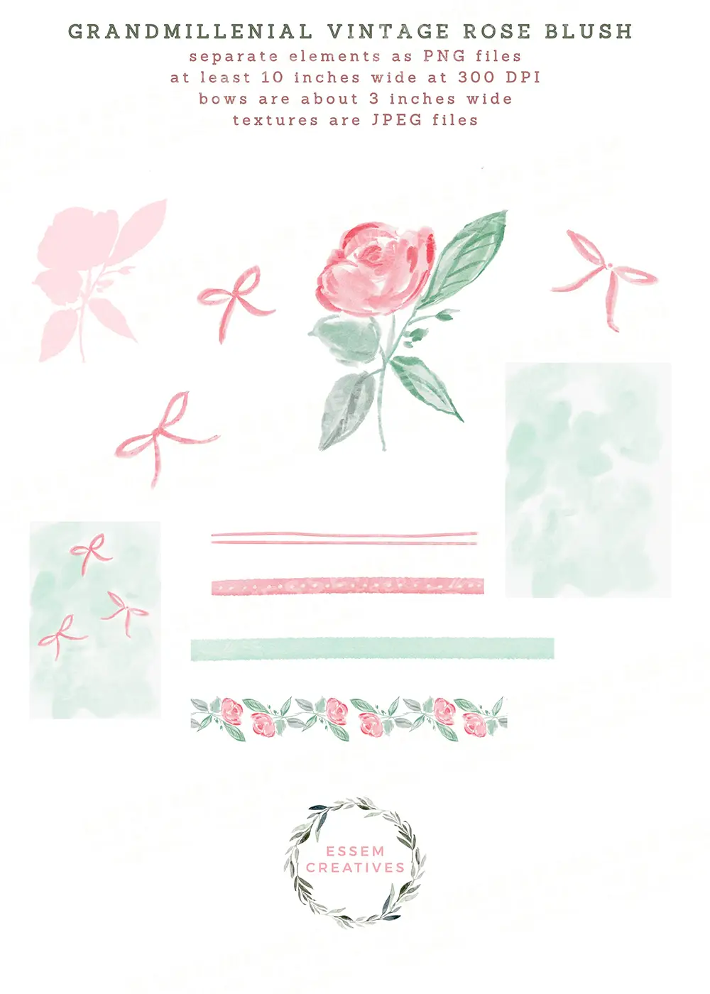 Preppy Grandmillenial Vintage Rose and Bows Floral Frames Seamless Pattern Border Design Kit, Preppy Mint Pink Watercolor Bows Sublimation PNG by Essem Creatives