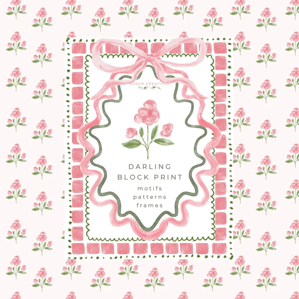 Grandmillenial Vintage Block Print, Preppy Summer Pink Green Botanical Wedding Invitation Frames Scallop Bow Border and Seamless Patterns - Sublimation PNG by EssemCreatives