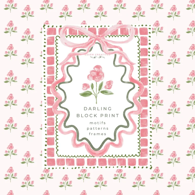 Grandmillenial Vintage Block Print, Preppy Summer Pink Green Botanical Wedding Invitation Frames Scallop Bow Border and Seamless Patterns - Sublimation PNG by EssemCreatives