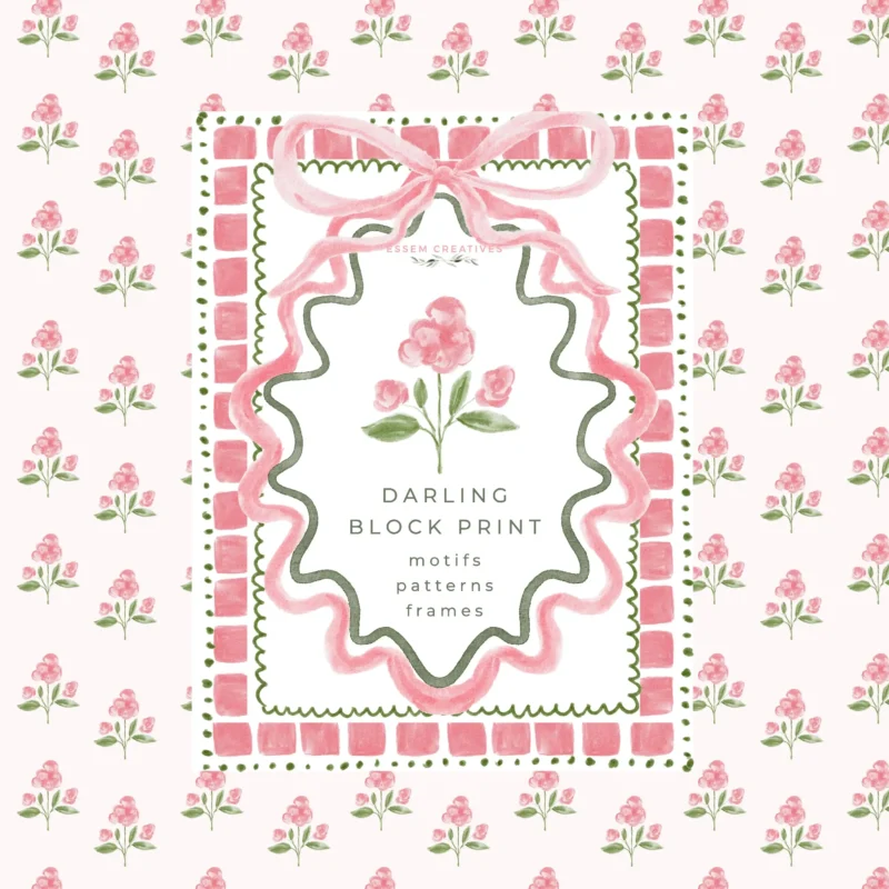 Grandmillenial Vintage Block Print, Preppy Summer Pink Green Botanical Wedding Invitation Frames Scallop Bow Border and Seamless Patterns - Sublimation PNG by EssemCreatives