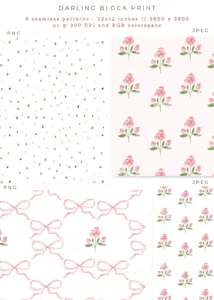 Grandmillenial Vintage Block Print, Preppy Summer Pink Green Botanical Wedding Invitation Frames Scallop Bow Border and Seamless Patterns - Sublimation PNG by EssemCreatives