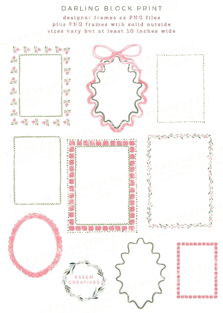 Grandmillenial Vintage Block Print, Preppy Summer Pink Green Botanical Wedding Invitation Frames Scallop Bow Border and Seamless Patterns - Sublimation PNG by EssemCreatives