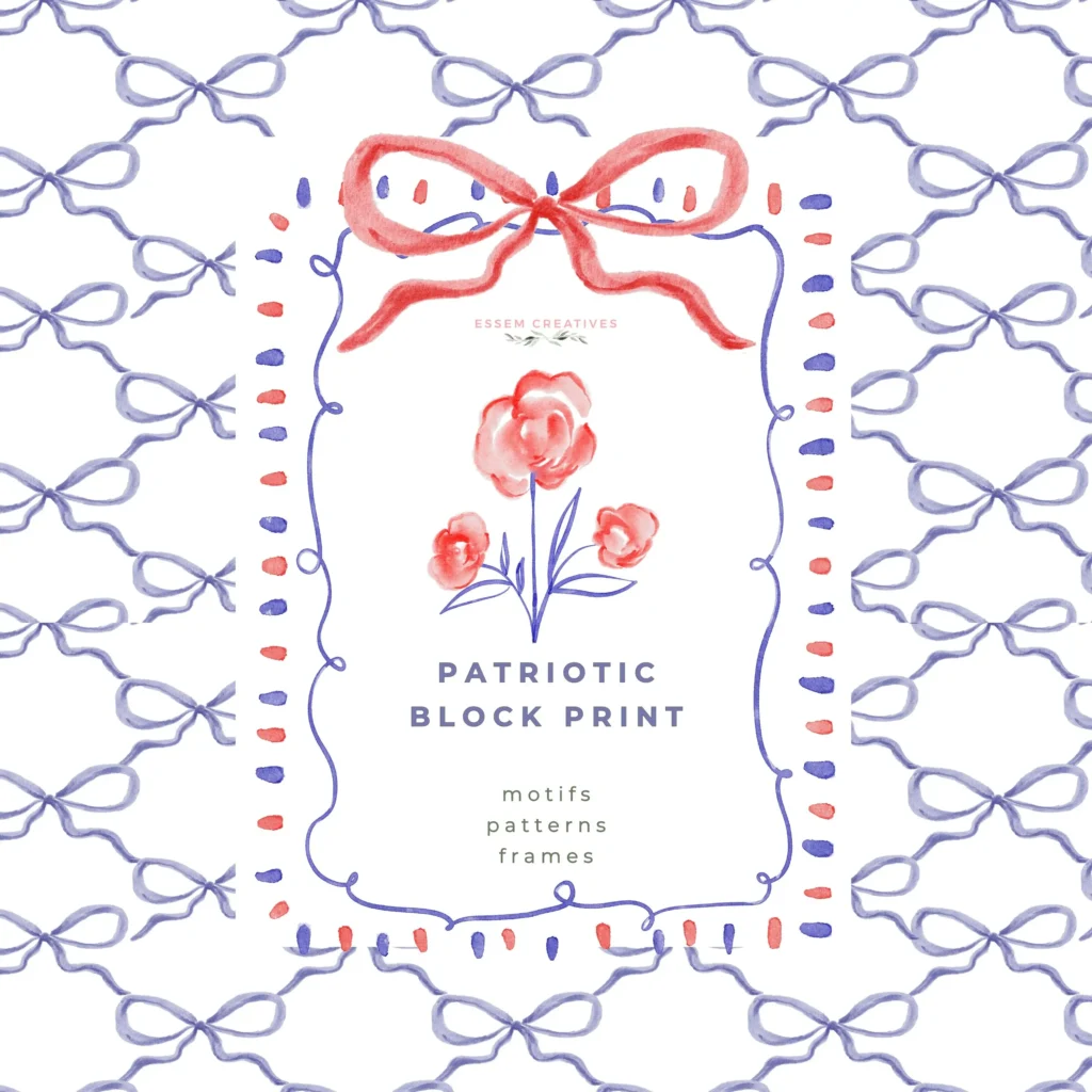 Preppy Patriotic Frames, Grandmillenial 4th of July Clipart with Bows Scallop Frames and Seamless Patterns, Summer Birthday Invitations and Sublimation PNG, Heat Transfer Files
