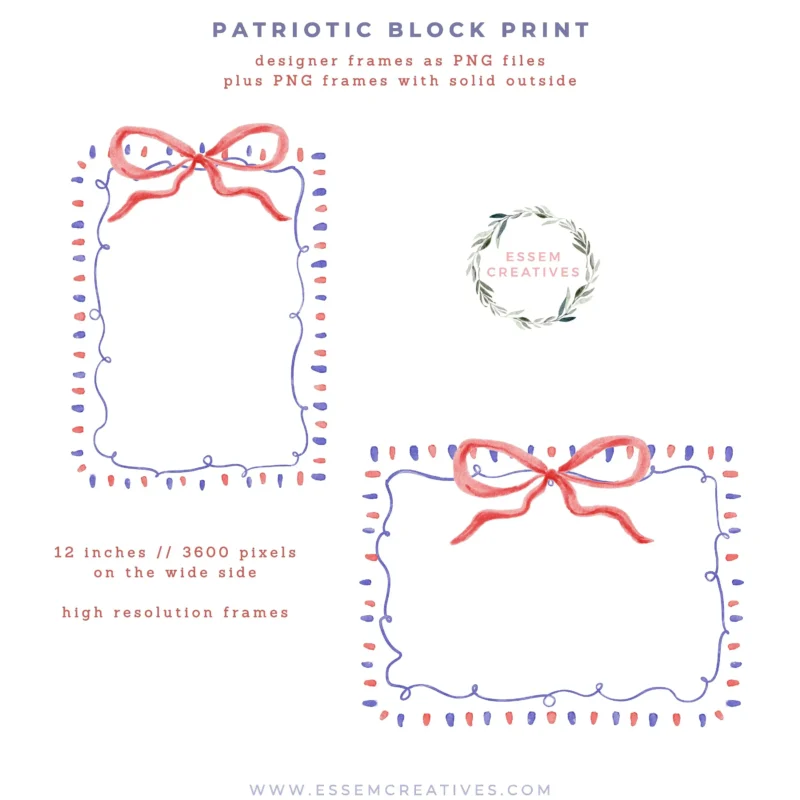 Preppy Patriotic Frames, Grandmillenial 4th of July Clipart with Bows Scallop Frames and Seamless Patterns, Summer Birthday Invitations and Sublimation PNG, Heat Transfer Files