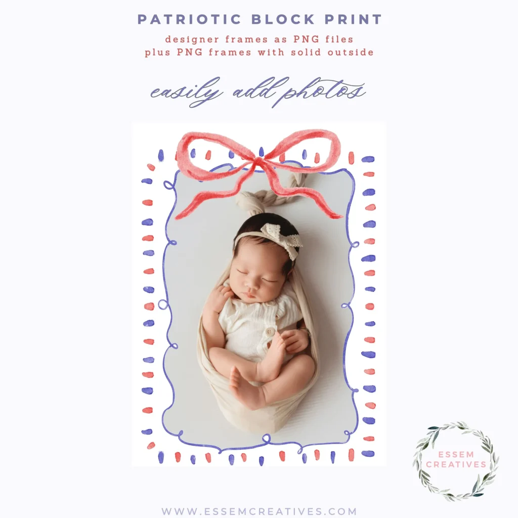 Preppy Patriotic Frames, Grandmillenial 4th of July Clipart with Bows Scallop Frames and Seamless Patterns, Summer Birthday Invitations and Sublimation PNG, Heat Transfer Files