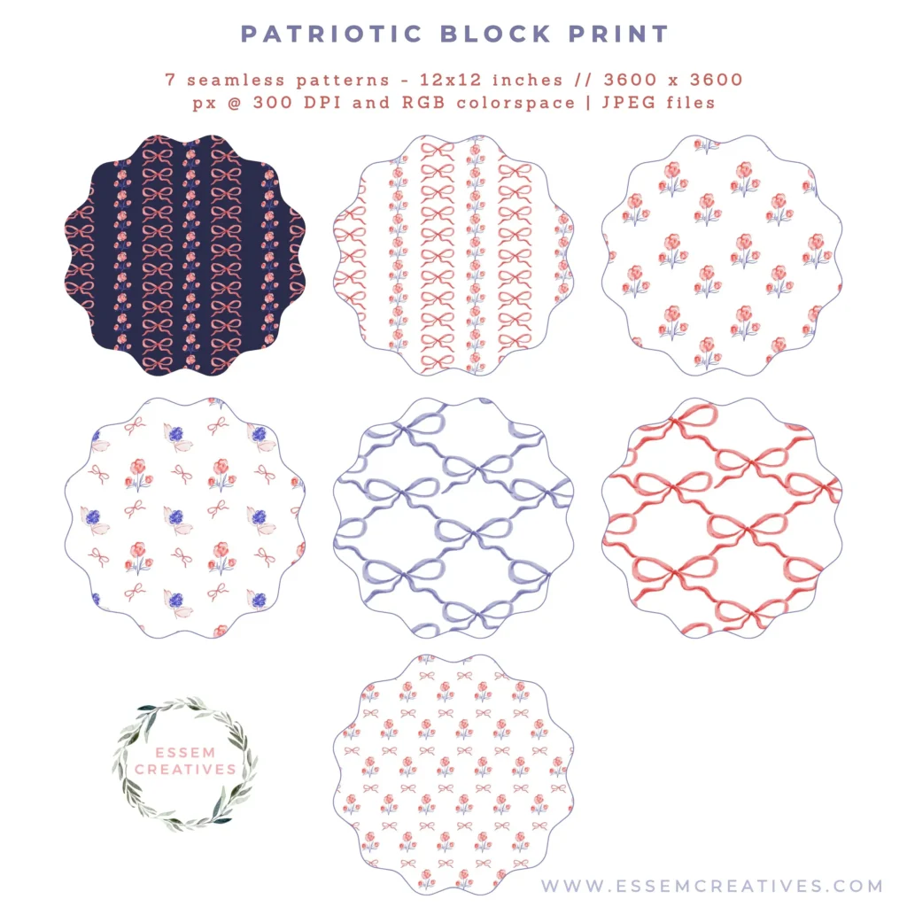 Preppy Patriotic Frames, Grandmillenial 4th of July Clipart with Bows Scallop Frames and Seamless Patterns, Summer Birthday Invitations and Sublimation PNG, Heat Transfer Files
