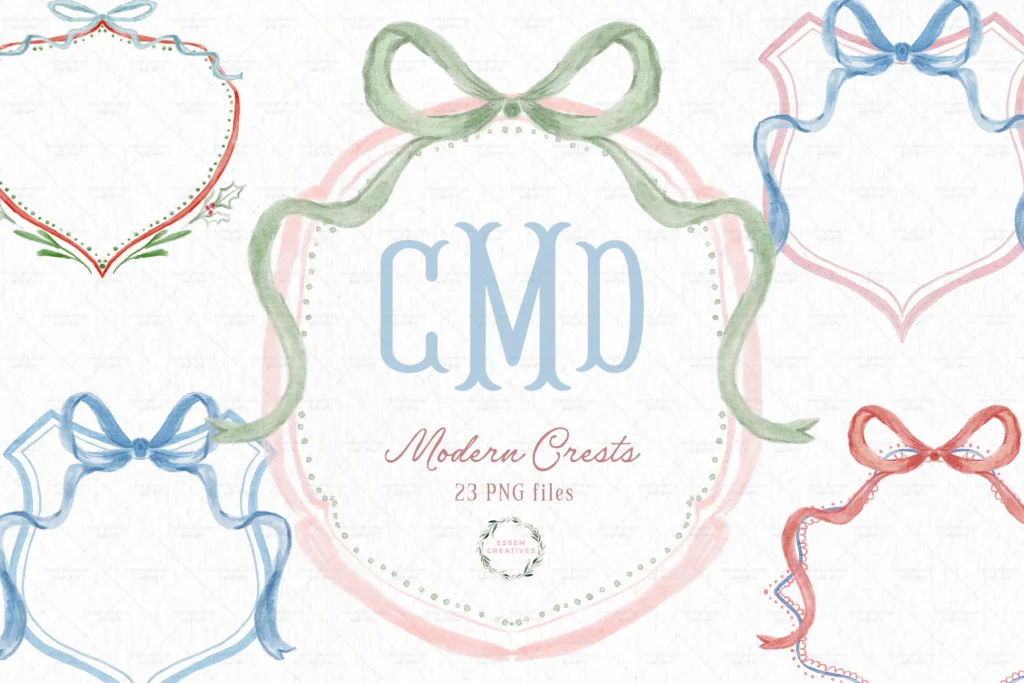 Vintage Grandmillenial Crests and Bows for Family Monograms, Wedding Monogram, Birth Announcement Monograms, Sublimation PNG