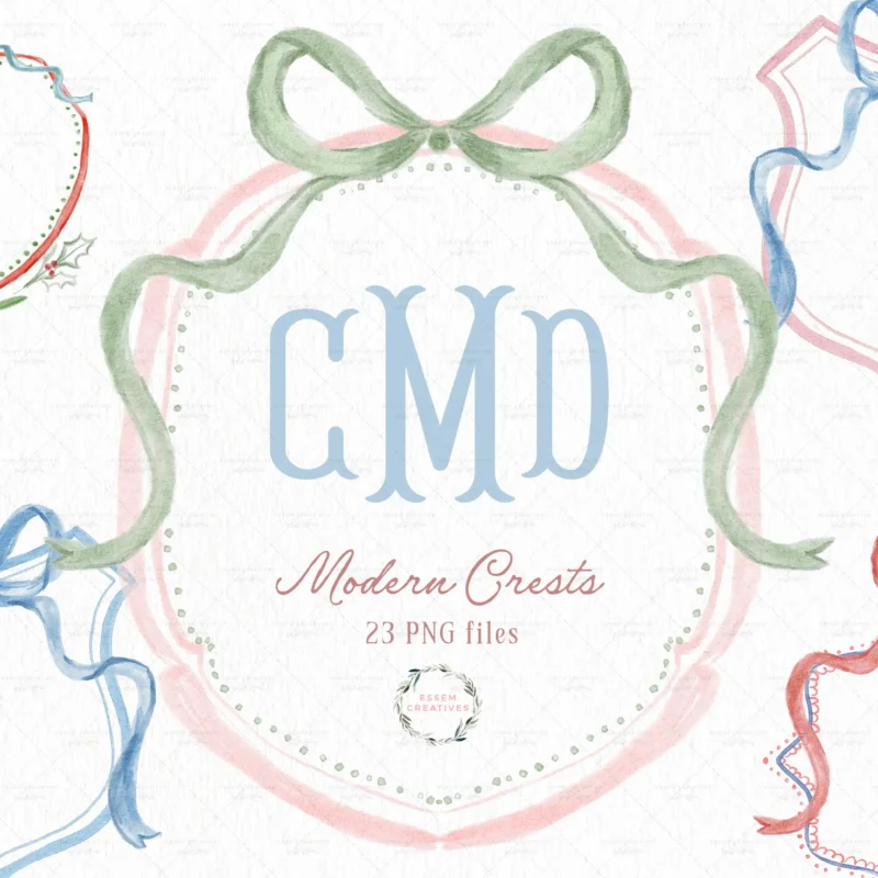 Vintage Grandmillenial Crests and Bows for Family Monograms, Wedding Monogram, Birth Announcement Monograms, Sublimation PNG