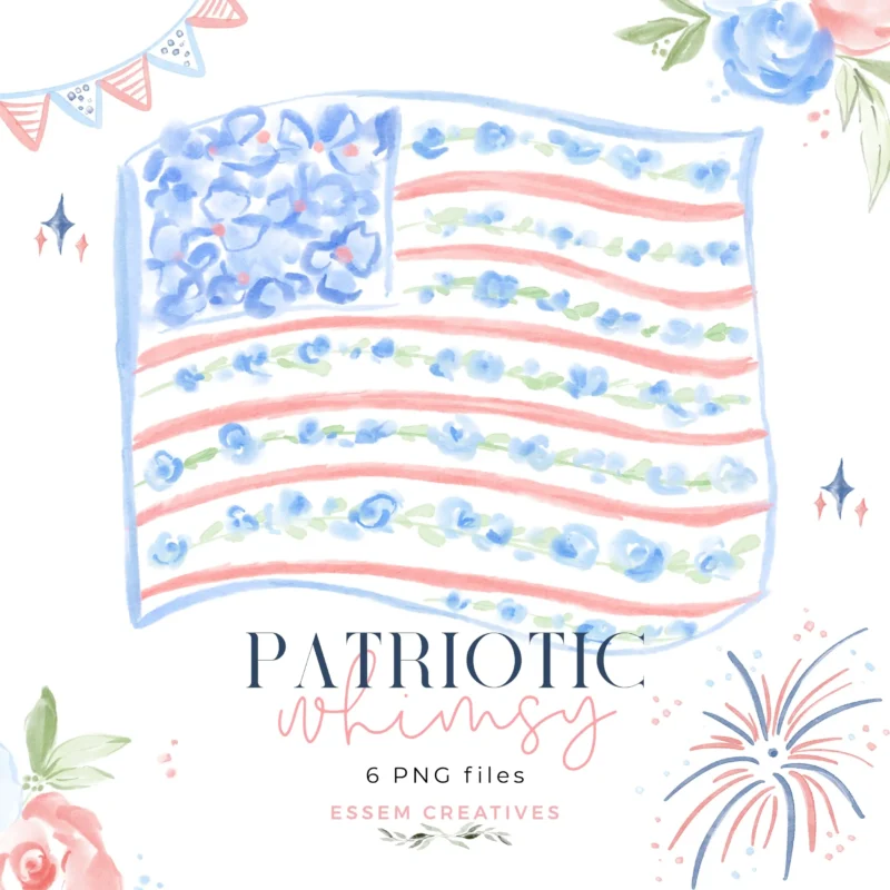 4th of July Floral Flag Patriotic Whimsy Grandmillenial Clipart for Independence Day Designs Decor Wall Art Printable, Summer Birthday Baby Shower Invitation Graphics | Fulfill your creative dreams with Essem Creatives graphics. Use my designs on products to sell or for your own branding or in your marketing campaign. Click to see more>>