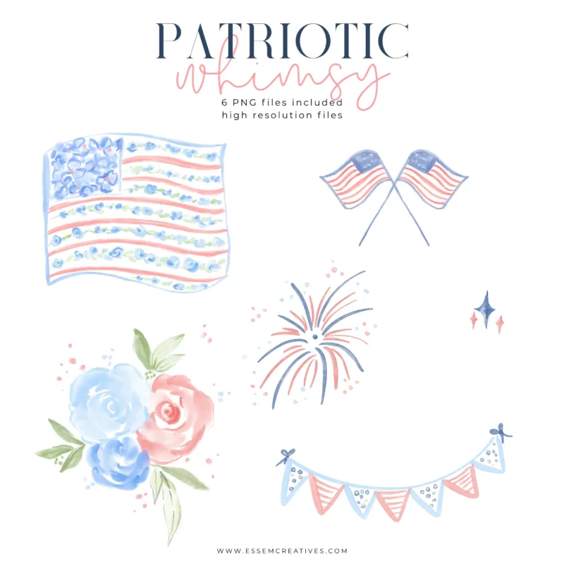 4th of July Floral Flag Patriotic Whimsy Grandmillenial Clipart for Independence Day Designs Decor Wall Art Printable, Summer Birthday Baby Shower Invitation Graphics | Fulfill your creative dreams with Essem Creatives graphics. Use my designs on products to sell or for your own branding or in your marketing campaign. Click to see more>>