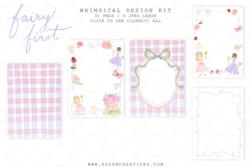 Fairy Garden Whimsical Design Kit, Hand Drawn Graphics, Girl Birthday Party PNGs 5x7 Card Backgrounds by Essem Creatives | Create designs that sell. Original hand painted graphics for commercial use by small creative businesses. Simple licensing terms. Single person creative business use included in base price.