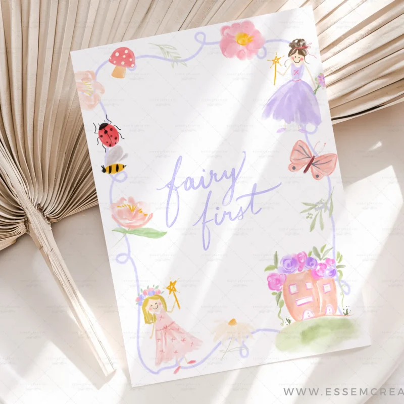 Fairy Garden Whimsical Design Kit, Hand Drawn Graphics, Girl Birthday Party PNGs 5x7 Card Backgrounds by Essem Creatives | Create designs that sell. Original hand painted graphics for commercial use by small creative businesses. Simple licensing terms. Single person creative business use included in base price.