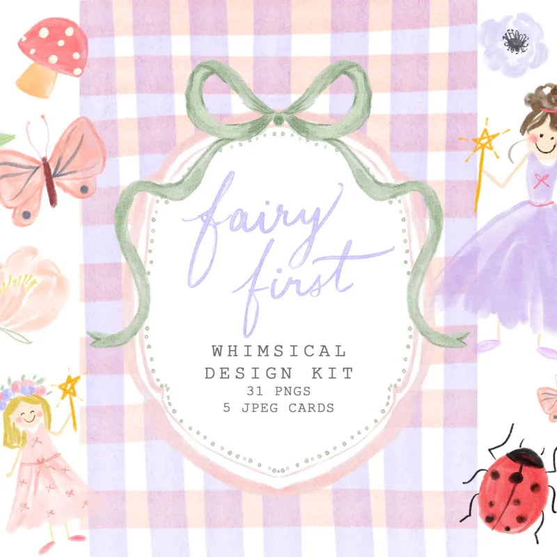 Fairy Garden Whimsical Design Kit, Hand Drawn Graphics, Girl Birthday Party PNGs 5x7 Card Backgrounds by Essem Creatives | Create designs that sell. Original hand painted graphics for commercial use by small creative businesses.