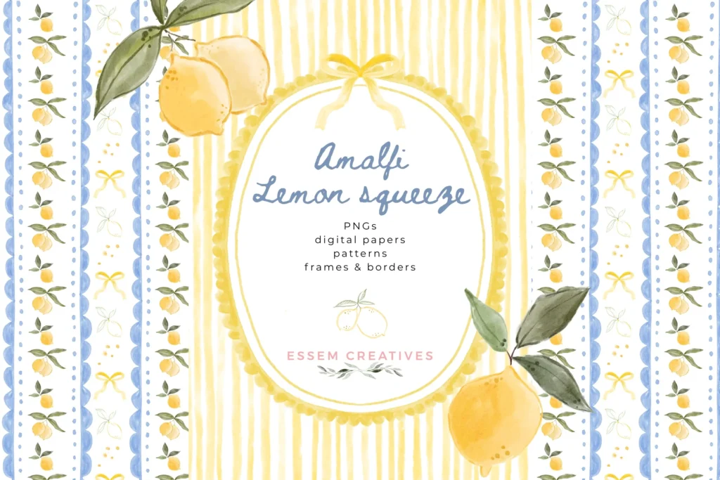 Lemon Squeeze Citrus Birthday Party Clipart Borders Seamless Patterns, Sublimation PNG, Amalfi Grandmillenial Card Background. Commercial use graphics for creative businesses. Commercial use license included in the base price for single person businesses. Click to see more>>