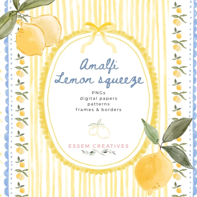 Lemon Squeeze Citrus Birthday Party Clipart Borders Seamless Patterns, Sublimation PNG, Amalfi Grandmillenial Card Background. Commercial use graphics for creative businesses. Commercial use license included in the base price for single person businesses. Click to see more>>