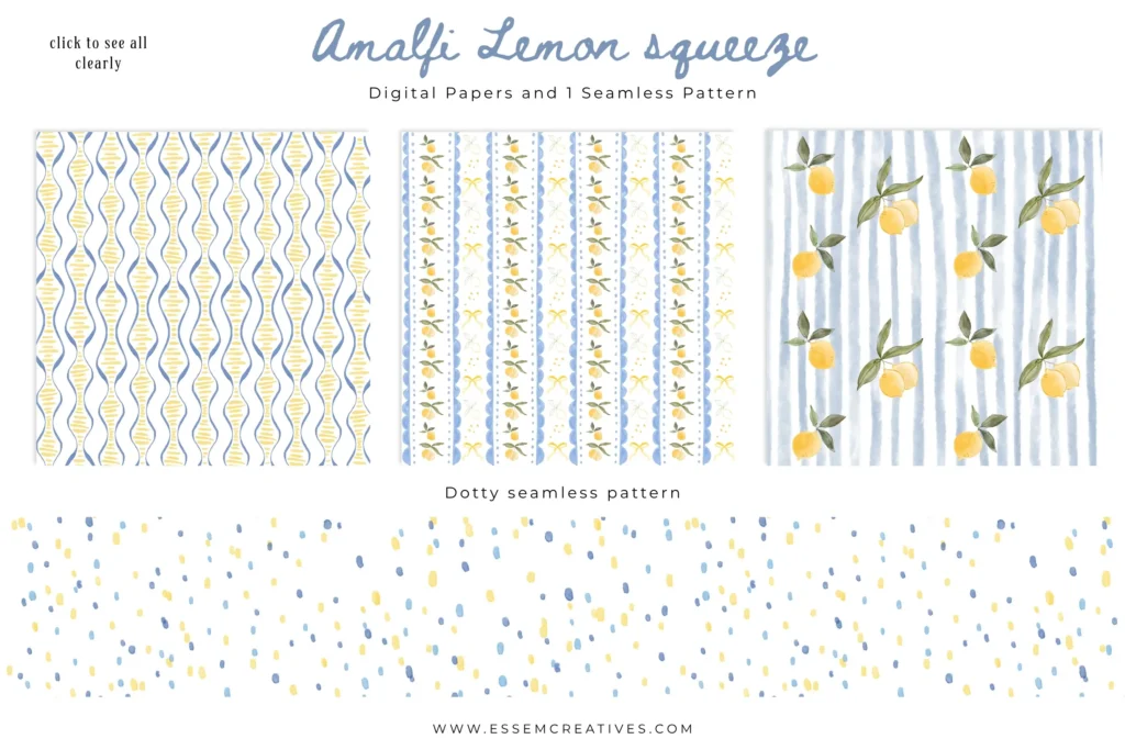 Lemon Squeeze Citrus Birthday Party Clipart Borders Seamless Patterns, Sublimation PNG, Amalfi Grandmillenial Card Background. Commercial use graphics for creative businesses. Commercial use license included in the base price for single person businesses. Click to see more>>