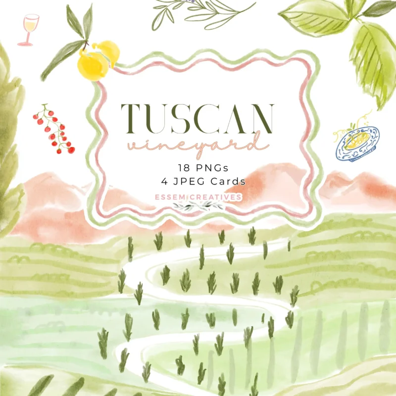 Tuscan Vineyard Illustration, Vino Before Vows Graphics, Grandmillenial Whimsical Unique Italian Food Romantic Wedding Invitation Background | Fulfill your creative dreams with Essem Creatives graphics. Use my designs on products to sell or for your own branding or in your marketing campaign. Click to see more>>