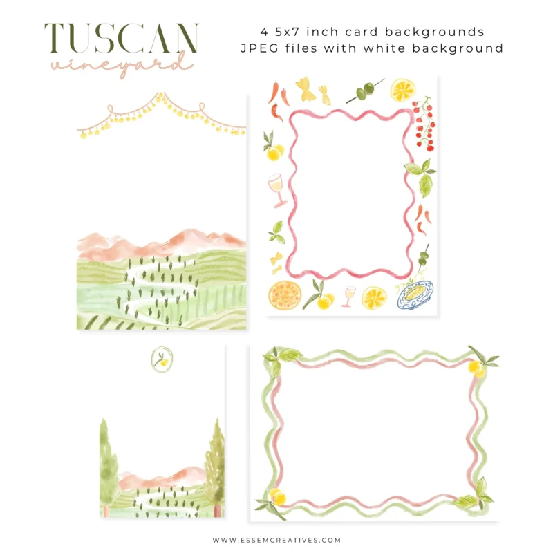 Tuscan Vineyard Illustration, Vino Before Vows Graphics, Grandmillenial Whimsical Unique Italian Food Romantic Wedding Invitation Background | Fulfill your creative dreams with Essem Creatives graphics. Use my designs on products to sell or for your own branding or in your marketing campaign. Click to see more>>