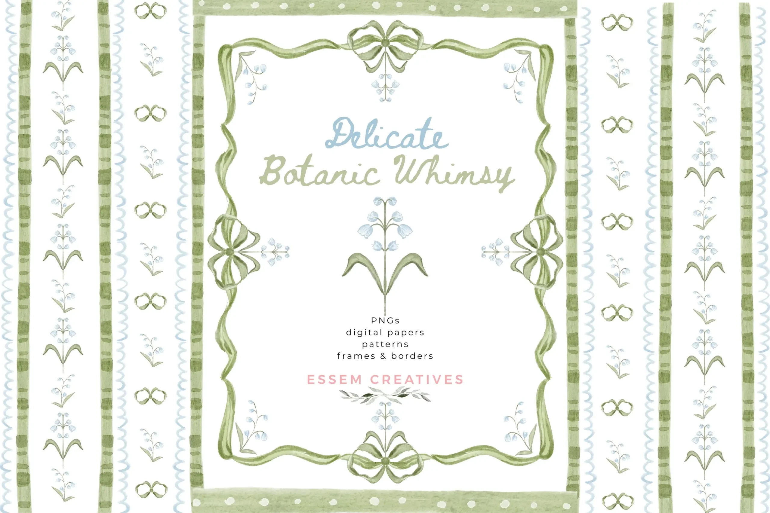 Delicate Botanic Whimsy Blue & Green Watercolor Floral Border, Grandmillenial Block Print Motifs Seamless Patterns, Classic Luxe Event Decor Sublimation PNG. Commercial use graphics for creative businesses. Commercial use license included in the base price for single person businesses. Click to see more>>