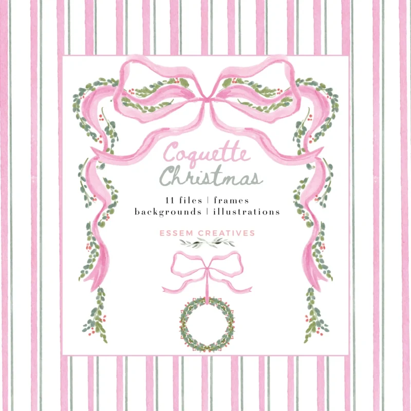 Coquette Christmas Watercolor Clipart, Grandmillenial Pink Ribbon Bow Greenery Garland Frame Wreath Bouquet PNG, Christmas Photo Card Border | Create gorgeous bestseller Christmas and Holiday designs for 2026 2027 holiday season; Christmas photo cards, watercolor bow gift tags and labels, Christmas girl baby shower invitations and more. Watercolor graphics for commercial use. Click to see more>>