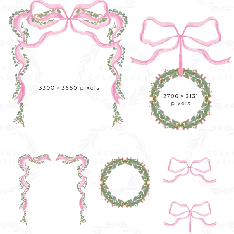Coquette Christmas Watercolor Clipart, Grandmillenial Pink Ribbon Bow Greenery Garland Frame Wreath Bouquet PNG, Christmas Photo Card Border | Create gorgeous bestseller Christmas and Holiday designs for 2026 2027 holiday season; Christmas photo cards, watercolor bow gift tags and labels, Christmas girl baby shower invitations and more. Watercolor graphics for commercial use. Click to see more>>