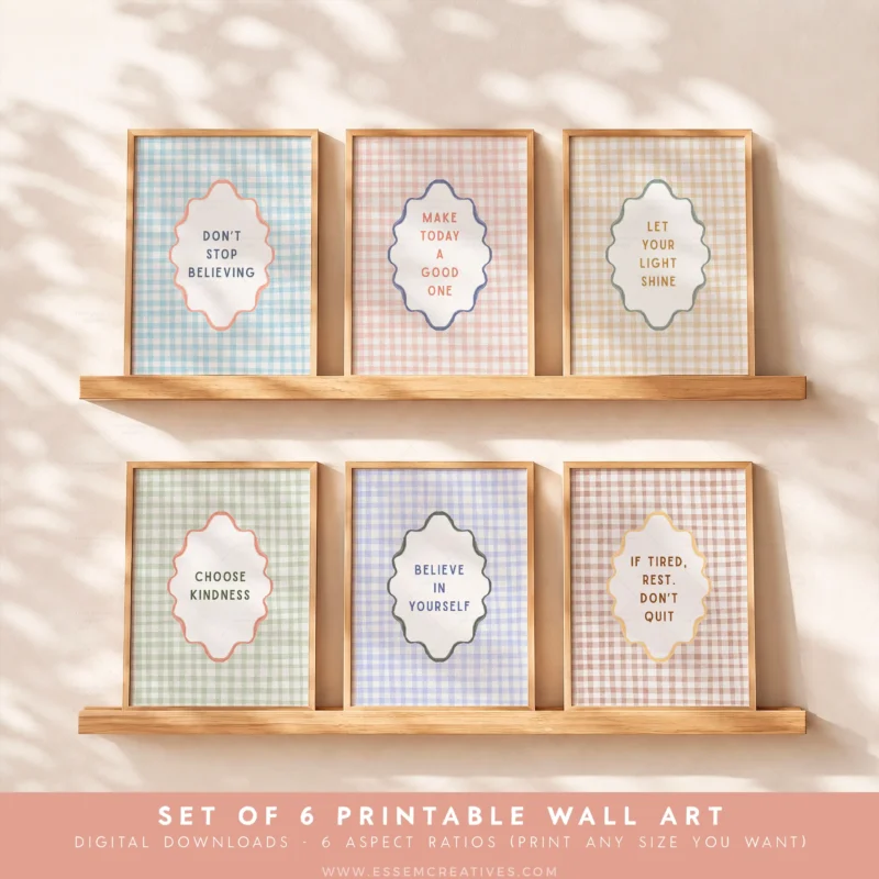 Cottagecore Motivational Posters Prints, PRINTABLE Set of 6 Office Gallery Wall Art Prints, Classroom Homeschool Decor, Vintage Gingham Art | Print and put up this SET OF 6 Cottagecore Motivational Prints in a dreamy watercolor vintage style to create a neutral, calming and well designed space - in your office, living room, child's room, playroom, homeschool or even in your classroom or daycare! With multiple sizes to choose from, use these files to uplift yourself, your kids or your students and keep them believing in themselves! 100% human made, handmade art.