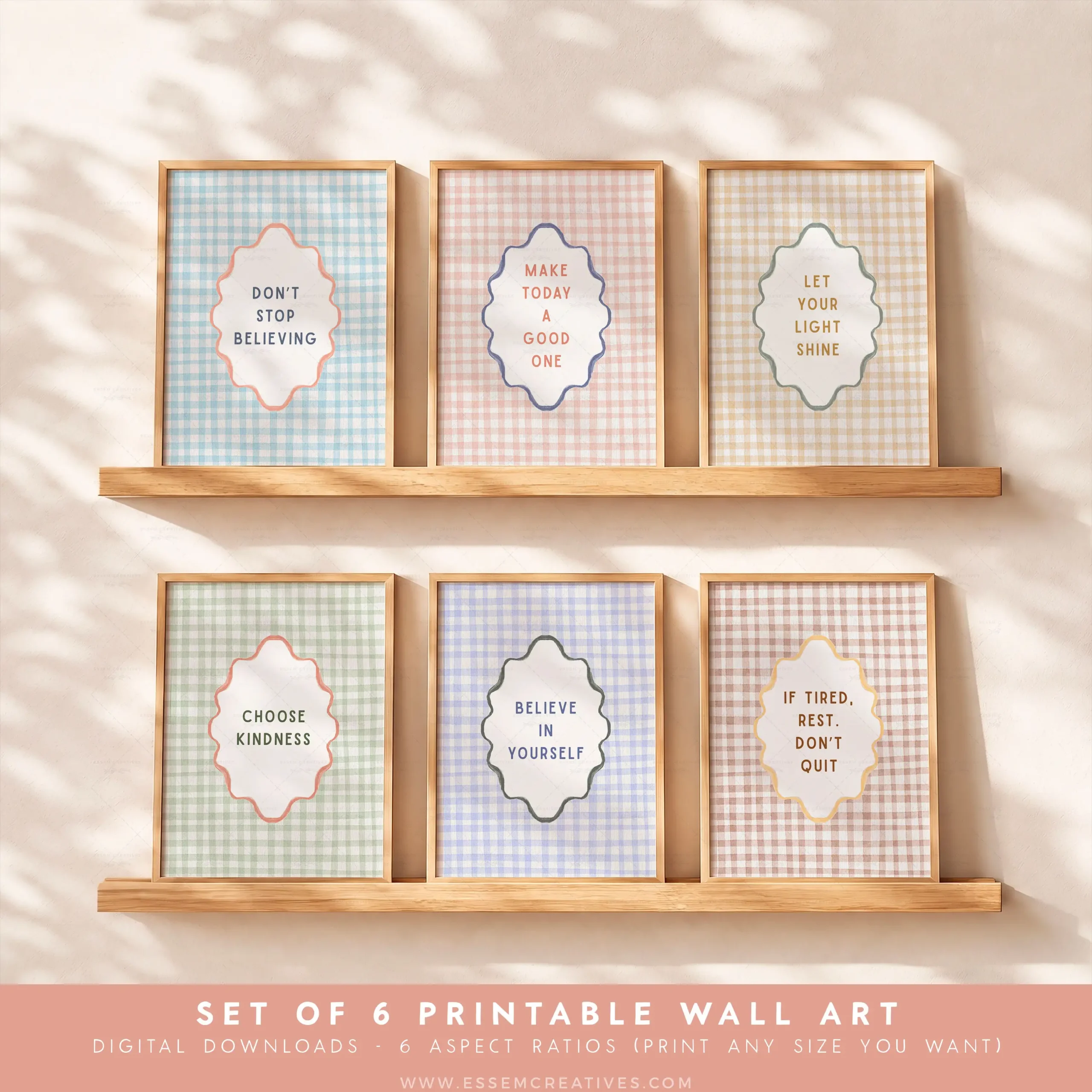 Cottagecore Motivational Posters Prints, PRINTABLE Set of 6 Office Gallery Wall Art Prints, Classroom Homeschool Decor, Vintage Gingham Art | Print and put up this SET OF 6 Cottagecore Motivational Prints in a dreamy watercolor vintage style to create a neutral, calming and well designed space - in your office, living room, child's room, playroom, homeschool or even in your classroom or daycare! With multiple sizes to choose from, use these files to uplift yourself, your kids or your students and keep them believing in themselves! 100% human made, handmade art.