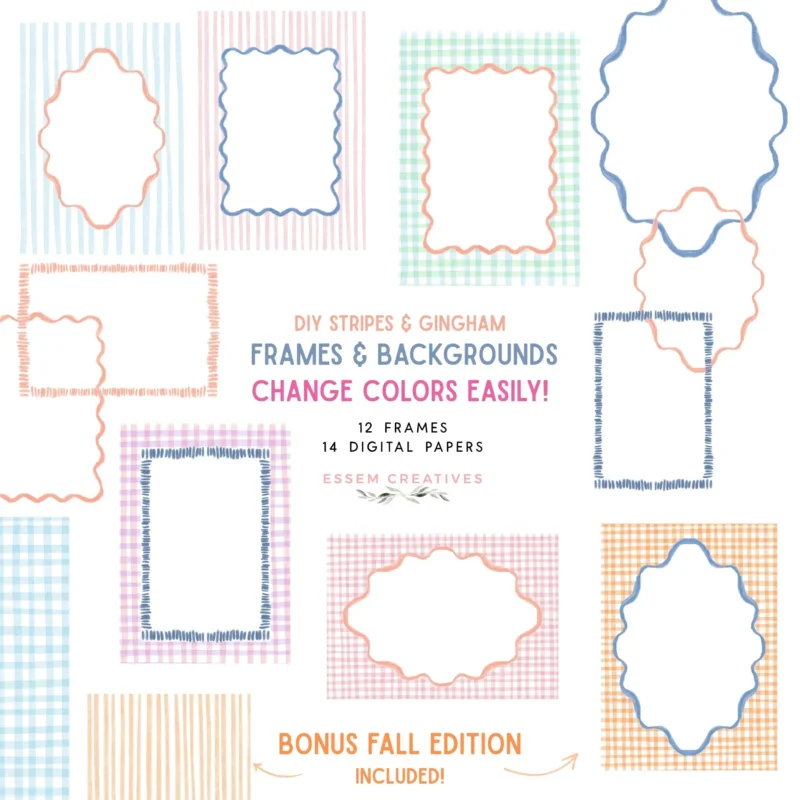 Ultimate Preppy Watercolor Stripes Gingham and Wavy Borders Bundle, Grandmillenial Baby Shower Invitations, Wall Art Backgrounds for Commercial Use | Light and aesthetic hand painted stripes and gingham digital papers and wavy borders in popular colors. You can CHANGE ALL COLORS on software of your choice - and yes, you can do it on Canva! You can use these to create a range of stationery designs, planner stickers, baby shower invites, social media posts, inspirational wall art pieces and more.